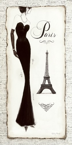 Emily Adams, Elegance II (Wunschgröße, Grafik, Modern, Mode, Kleid, Abendkleid, Silhouette, Eleganz, Couture, Paris, Eiffelturm, Schlafzimmer,  Treppenhaus, Bekleidung, beige / schwarz)