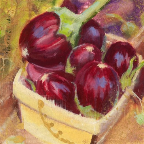 Emmanuelle Mertian de Muller, Aubergines I (Auberginen, Eierfrucht, Gemüse, zeitgenössisch, moderne Malerei, Wunschgröße, Treppenhaus, Wohnzimmer, bunt)