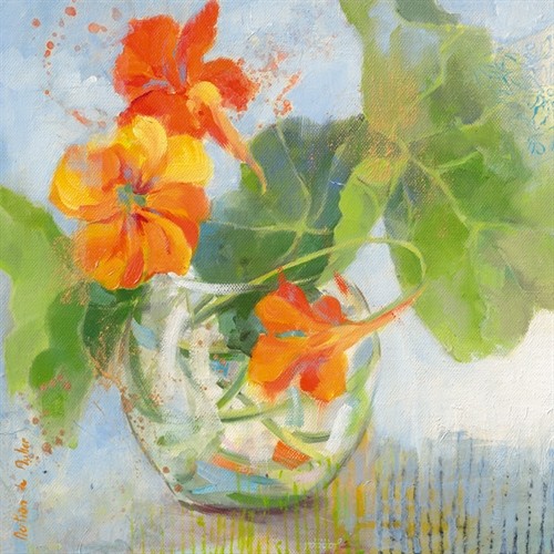 Emmanuelle Mertian de Muller, Capucines I (Stillleben, Blumenvase, Blumen, Kapuzinerkresse, Pflanzen, zeitgenössisch, moderne Malerei, Treppenhaus, Wohnzimmer, Esszimmer, bunt)