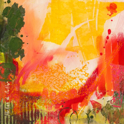 Emmanuelle Mertian de Muller, Carottes II (Karotten, Möhren, abstrakt, abstrakte Kunst, zeitgenössisch, moderne Malerei, Wunschgröße, Treppenhaus, Wohnzimmer, Esszimmer, bunt)