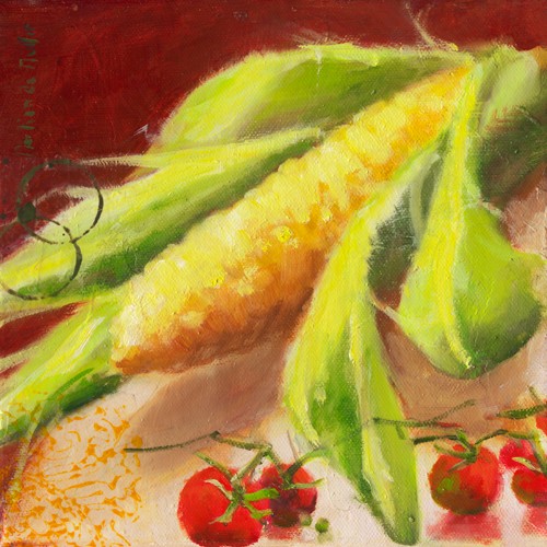 Emmanuelle Mertian de Muller, Corn I (Korn, Maiskolben, Getreide, zeitgenössisch, moderne Malerei, Wunschgröße, Treppenhaus, Wohnzimmer, Esszimmer, bunt)