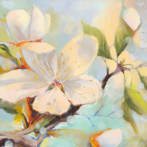 Emmanuelle Mertian de Muller, Ephmre Floraison (Blüte, Blütenzweig, Botanik, Pflanze, zeitgenössisch, moderne Malerei, Wunschgröße, Treppenhaus, Wohnzimmer, bunt)