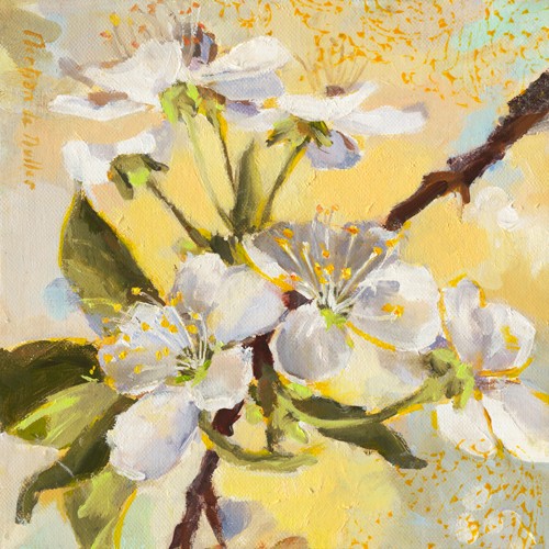 Emmanuelle Mertian de Muller, Floraison jaune I (Blüte, Blütenzweig, Frühling, Jahreszeit, Botanik, Pflanze, zeitgenössisch, moderne Malerei, Wunschgröße, Treppenhaus, Wohnzimmer, bunt)