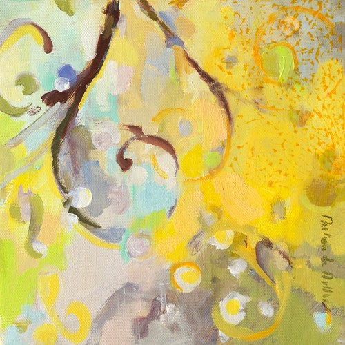Emmanuelle Mertian de Muller, Floraison jaune II (Blüten, Blütenzweig, abstrakt, abstrakte Kunst, zeitgenössisch, moderne Malerei, Wunschgröße, Treppenhaus, Wohnzimmer, Esszimmer, bunt)
