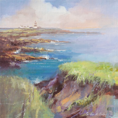 Emmanuelle Mertian de Muller, Hook Head, Irelande (Landschaft, Meer, Meeresbrise, Küste, Leuchtturm, Irland, zeitgenössisch, moderne Malerei, Wunschgröße, Treppenhaus, Wohnzimmer, bunt)