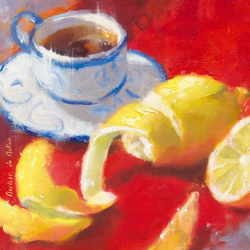 Emmanuelle Mertian de Muller, Th au citronI (Stillleben, Tee, Teetasse, Zitronentee, Zitrone, Zitronenschale, zeitgenössisch, moderne Malerei, Wunschgröße, Treppenhaus, Wohnzimmer, Esszimmer, bunt)
