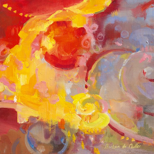 Emmanuelle Mertian de Muller, Th au citronII (Tee, Zitrone, abstrakt, abstrakte Kunst, zeitgenössisch, moderne Malerei, Wunschgröße, Treppenhaus, Wohnzimmer, Esszimmer, bunt)