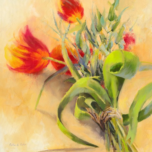 Emmanuelle Mertian de Muller, Tulipes (Tulpen, Tulpenstrauß, Blume, Blüte, Botanik, Pflanze, zeitgenössisch, moderne Malerei, Wunschgröße, Treppenhaus, Wohnzimmer, bunt)