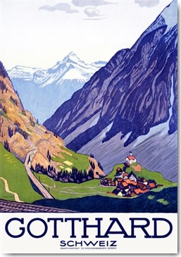 Emil Cardinaux, Gotthard, Schweiz (Wunschgröße, Plakatkunst, Tourismus,  Schweiz, Berge, Alpen, Gipfel,  Nostalgie, Werbung, Treppenhaus, Reisebüro, bunt)