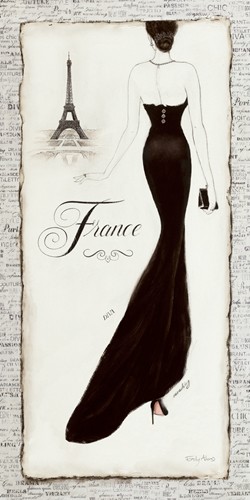 Emily Adams, Elegance I (Wunschgröße, Grafik, Modern, Mode, Kleid, Abendkleid, Silhouette, Eleganz, Couture, Rückenansicht, Paris,  Schlafzimmer, Treppenhaus, Bekleidung, beige / schwarz)