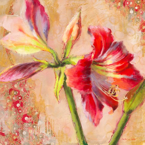 Emmanuelle Mertian de Muller, Amarylis (Blume, Blüte, Botanik, Pflanze, zeitgenössisch, moderne Malerei, Wunschgröße, Treppenhaus, Wohnzimmer, Esszimmer, bunt)