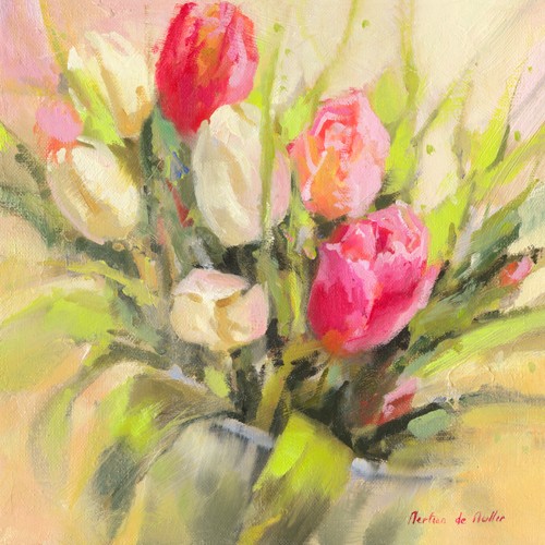 Emmanuelle Mertian de Muller, Tulipes en abondance (Tulpen, Tulpenstrauß, Blume, Blüte, Botanik, Pflanze, zeitgenössisch, moderne Malerei, Wunschgröße, Treppenhaus, Wohnzimmer, bunt)