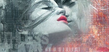 Enrico Sestillo, THE KISS (Modern, Malerei, Fotorealismus, People & Eros, Paar, Erotik, Liebespaar, Der Kuss, Liebe, Portraits, Schlafzimmer, Wohnzimmer, schwarz / weiß / rot)