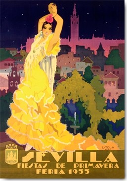 Enrique Estela-Anto, Sevilla, Fiestas de Primavera (Wunschgröße, Plakatkunst, Spanien, Tänzerin, Flamenco, Frühlingsmesse, Stadt, Silhouette,  Nostalgie, Retro, Werbung, Treppenhaus, Wohnzimmer, bunt)