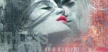 Enrico Sestillo, THE KISS (Modern, Malerei, Fotorealismus, People & Eros, Paar, Erotik, Liebespaar, Der Kuss, Liebe, Portraits, Schlafzimmer, Wohnzimmer, schwarz / weiß / rot)