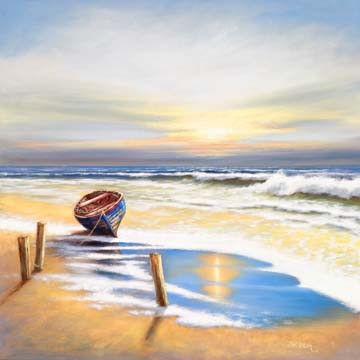 Eric Erwin, Boat on the shore (Strand, Meer, Sonnenuntergang, Boot, Einsamkeit, Malerei, Meeresbrise, Wunschgröße, Wohnzimmer, Treppenhaus, bunt)