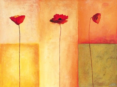 Erika Heinemann, Dreierlei Mohn II (Mohn, Blüten, Blumen, filigran, Malerei, Farbfelder, geometrische Formen, modern, dekorativ, Treppenhaus, Arztpraxis, Wohnzimmer, Wunschgröße, bunt)