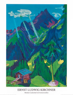 ERNST LUDWIG KIRCHNER, Bndner Landschaft (Malerei, Expressionismus, Landschaften, Bergwiesen, Berge, Alm, Almhütten, Sonnenstrahlen, Schweiz,Klassische Moderne, Wintergarten, Wohnzimmer, Arztpraxis, bunt)