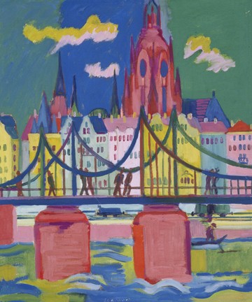 ERNST LUDWIG KIRCHNER, Frankfurter Dom (Wunschgröße, Malerei, Expressionismus, Stadt, Kirche, Fluss, Main, Eiserner Steg, Brücke, Fußgänger, Deutschland,Klassische Moderne, Treppenhaus, Wohnzimmer, Arztpraxis, bunt)