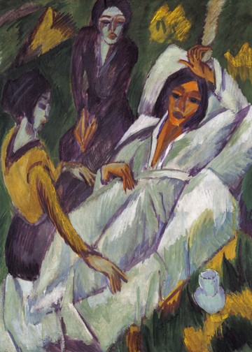 ERNST LUDWIG KIRCHNER, Frauen beim Tee (Wunschgröße, Malerei, Expressionismus,  Frauen, Teepzeremonie, Asiatinnen, Entspannung, Natur,Klassische Moderne, Wintergarten, Wohnzimmer, Arztpraxis, bunt)