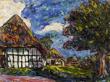 ERNST LUDWIG KIRCHNER, Häuser auf Fehmann (Wunschgröße, Malerei, Expressionismus, Landschaften, Natur, Bauernhaus, Norddeutschland, Reeddach, Fachwerkhaus, Garten, Idylle, Klassische Moderne, Wintergarten, Wohnzimmer, Arztpraxis, bunt)