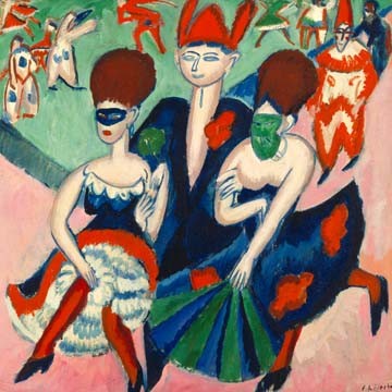 ERNST LUDWIG KIRCHNER, Maskentänzer (Malerei, Expressionismus, Zirkus, Tänzer, Masken, Jahrmarkt, Manege, Clown, Wunschgröße, Klassische Moderne, Wohnzimmer, bunt)