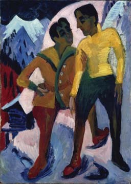 ERNST LUDWIG KIRCHNER, Zwei Brüder (Wunschgröße, Malerei, Expressionismus, Männer, Konversation, Gespräch, Landschaften,  Berge, Winter, Schnee, Berghütte, Klassische Moderne, Wintergarten, Wohnzimmer, Arztpraxis, bunt)