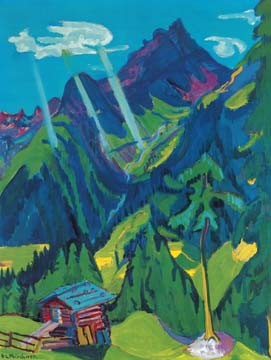 ERNST LUDWIG KIRCHNER, Bündner Landschaft mit Sonnenstr (Wunschgröße, Malerei, Expressionismus, Landschaften, Bergwiesen, Berge, Alm, Almhütten, Sonnenstrahlen, Schweiz,Klassische Moderne, Wintergarten, Wohnzimmer, Arztpraxis, bunt)