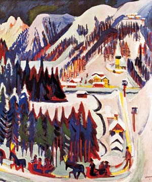 ERNST LUDWIG KIRCHNER, Sertig Tal (Wunschgröße, Malerei, Expressionismus, Landschaften, Winterlandschaft, Schnee,  Berge, Tannen, Winterurlaub, Schlittenfahrt, Pferde, Gespann, Skiläufer, Klassische Moderne, Wintergarten, Wohnzimmer, Arztpraxis, bunt)