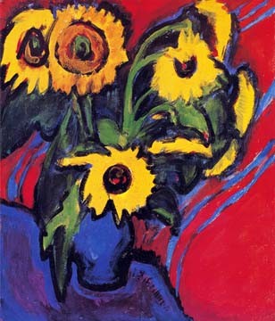 ERNST LUDWIG KIRCHNER, Sonnenblumen (Wunschgröße, Malerei, Expressionismus, Stillleben, Blumen, Sonnenblumen, Blumenvase, Vase, Klassische Moderne, Esszimmer, Wintergarten, Küche, Wohnzimmer, bunt)