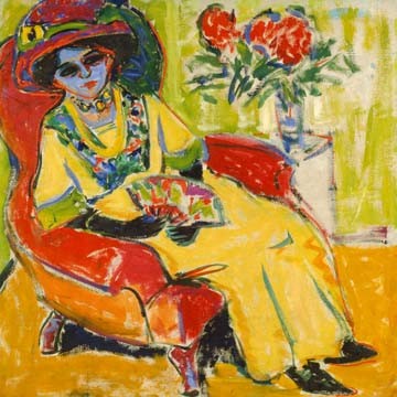 ERNST LUDWIG KIRCHNER, Bildnis Dodo (Portrait, Frau, Sessel, Hut, Eleganz, Klassische Moderne,  Wohnzimmer,  Wunschgröße, Treppenhaus, Malerei, Expressionismus, bunt)