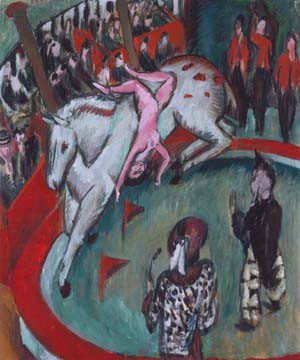 ERNST LUDWIG KIRCHNER, Die Zirkusreiterin (Wunschgröße, Malerei, Expressionismus, Zirkus, Reiterin, Kunstreiterin, Akrobatik, Manege, Clown, Pferd, Schimmel,  Klassische Moderne, Wohnzimmer, bunt)