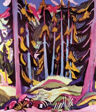 ERNST LUDWIG KIRCHNER, Waldinneres (Wunschgröße, Malerei, Expressionismus, Landschaften, natur, Wald, Bäume, Klassische Moderne, Wintergarten, Wohnzimmer, Arztpraxis, bunt)