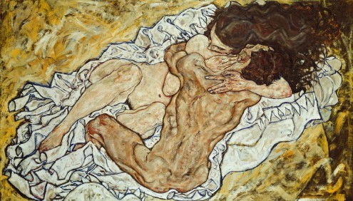 Egon Schiele, Die Umarmung (Paar, Umarmung, Akt, Nackt, Liebe, Erotik, Umarmung, Klassische Moderne, People & Eros, Expressionismus, Schlafzimmer,Wunschgröße, Malerei,  bunt)