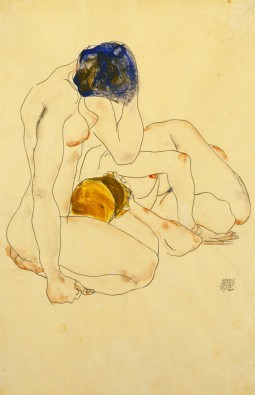 Egon Schiele, Zwei Freundinnen (Zeichnung, Frauen, Akt, nackt, Erotik, Schlafzimmer, Expressionismus, Wunschgröße, Malerei, bunt)