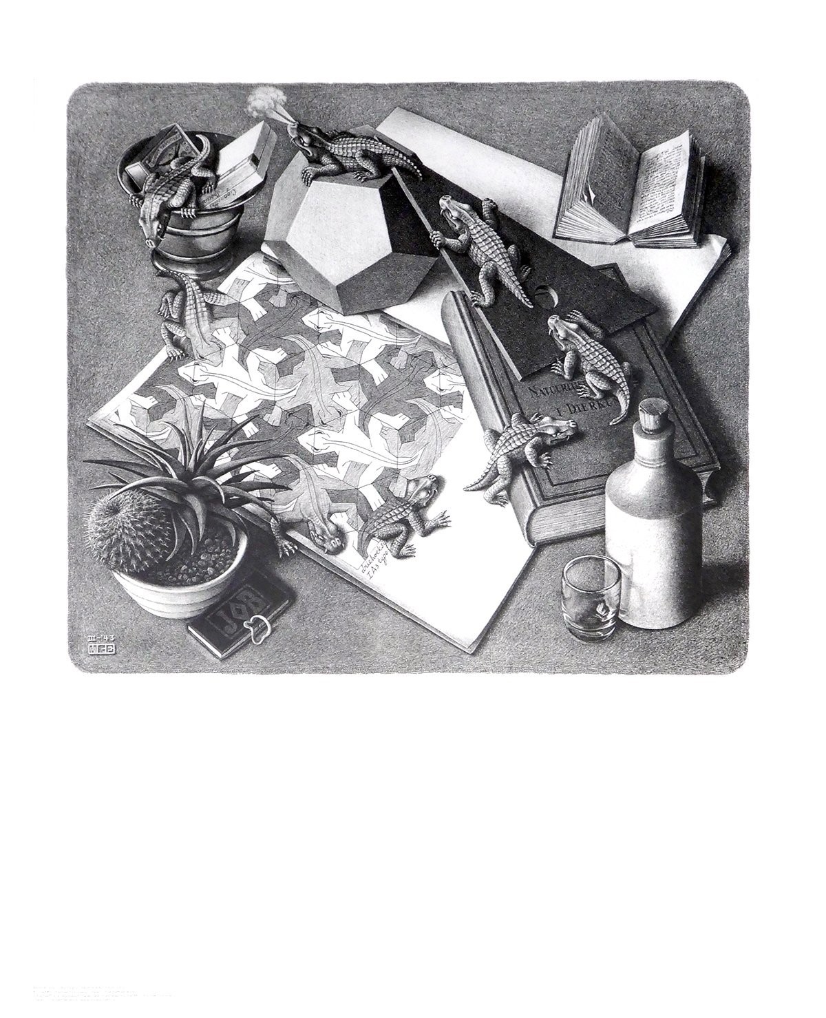 M. C. Escher, Reptilien (Stillleben, Echsen, Reptilien,  Irritation, Zeitgenössischer Surrealismus, Treppenhaus, Wohnzimmer, schwarz/weiß)