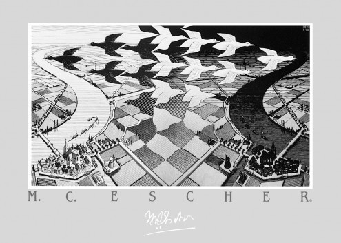 M. C. Escher, Tag und Nacht (Vögel, Vogelschwarm, fliegende Vögel, Schachbrettmuster, Irritation, Zeitgenössischer Surrealismus, Treppenhaus, Wohnzimmer, schwarz/weiß)