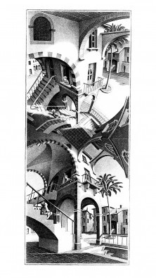 M. C. Escher, Oben und Unten (Treppen, Gebäude, Perspektiven, Irritation, Irrgänge, Zeitgenössischer Surrealismus, Treppenhaus, Wohnzimmer, schwarz/weiß)