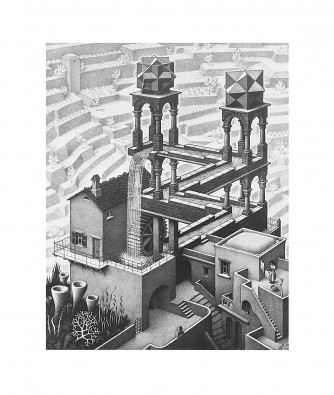 M. C. Escher, Wasserfall (Treppen, Gebäude, Perspektiven, Irritation, Irrgänge, Wasserläufe, Zeitgenössischer Surrealismus, Treppenhaus, Wohnzimmer, schwarz/weiß)