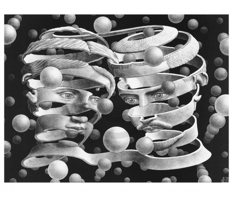 M. C. Escher, Band ohne Ende (Bänder, Spiralen, Gesichter, Köpfe, Kugeln, Schweben,  Irritation, Zeitgenössischer Surrealismus, Treppenhaus, Wohnzimmer, schwarz/weiß)