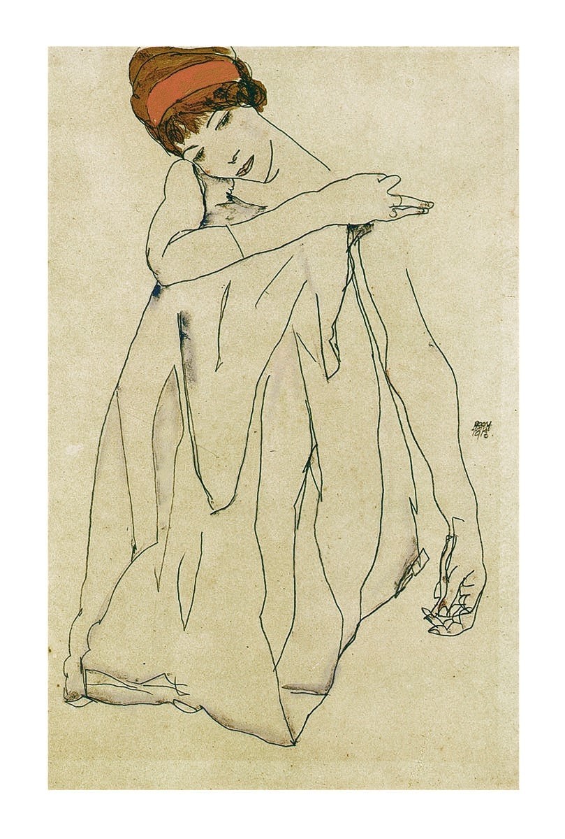 Egon Schiele, Die Tänzerin (Zeichnung, Expressionismus, Frau, Tänzerin, Melancholie, Klassische Moderne, Wohnzimmer, Schlafzimmer, bunt)