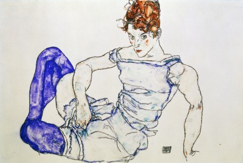 Egon Schiele, Sitzende Frau mit violetten Strümpfen (Malerei, Frau, nachdenklich, melancholisch, lasziv, Klassische Moderne, People & Eros, Expressionismus, Wohnzimmer, Schlafzimmer, Wumnschgröße, bunt)