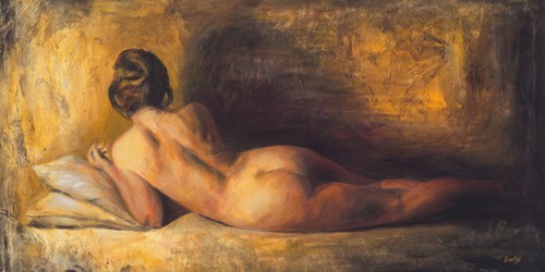 Escha van den Bogerd, Fascino (Schlafzimmer,Aktbilder / Erotik,People & Eros,dunkel,sexy,nackt,Frau,Figur,romantisch,Körper,Rücken,Po,liegt,Kissen)