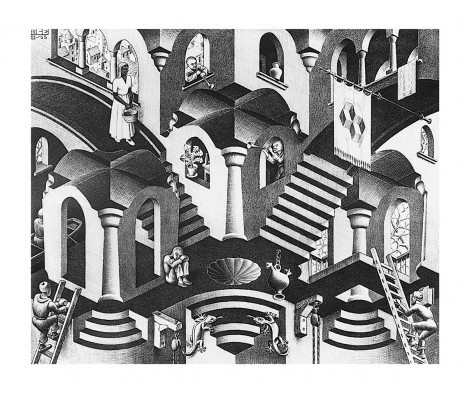M. C. Escher, Konkav und Konvexe (Treppen, Gebäude, Perspektiven, Irritation, Zeitgenössischer Surrealismus, Treppenhaus, Wohnzimmer, schwarz/weiß)