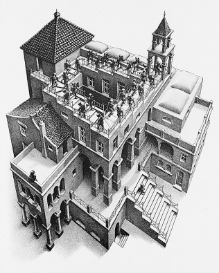M. C. Escher, Treppauf und Treppab (Treppen, Gebäude, Perspektiven, Irritation, Irrgänge, Zeitgenössischer Surrealismus, Treppenhaus, Wohnzimmer, schwarz/weiß)