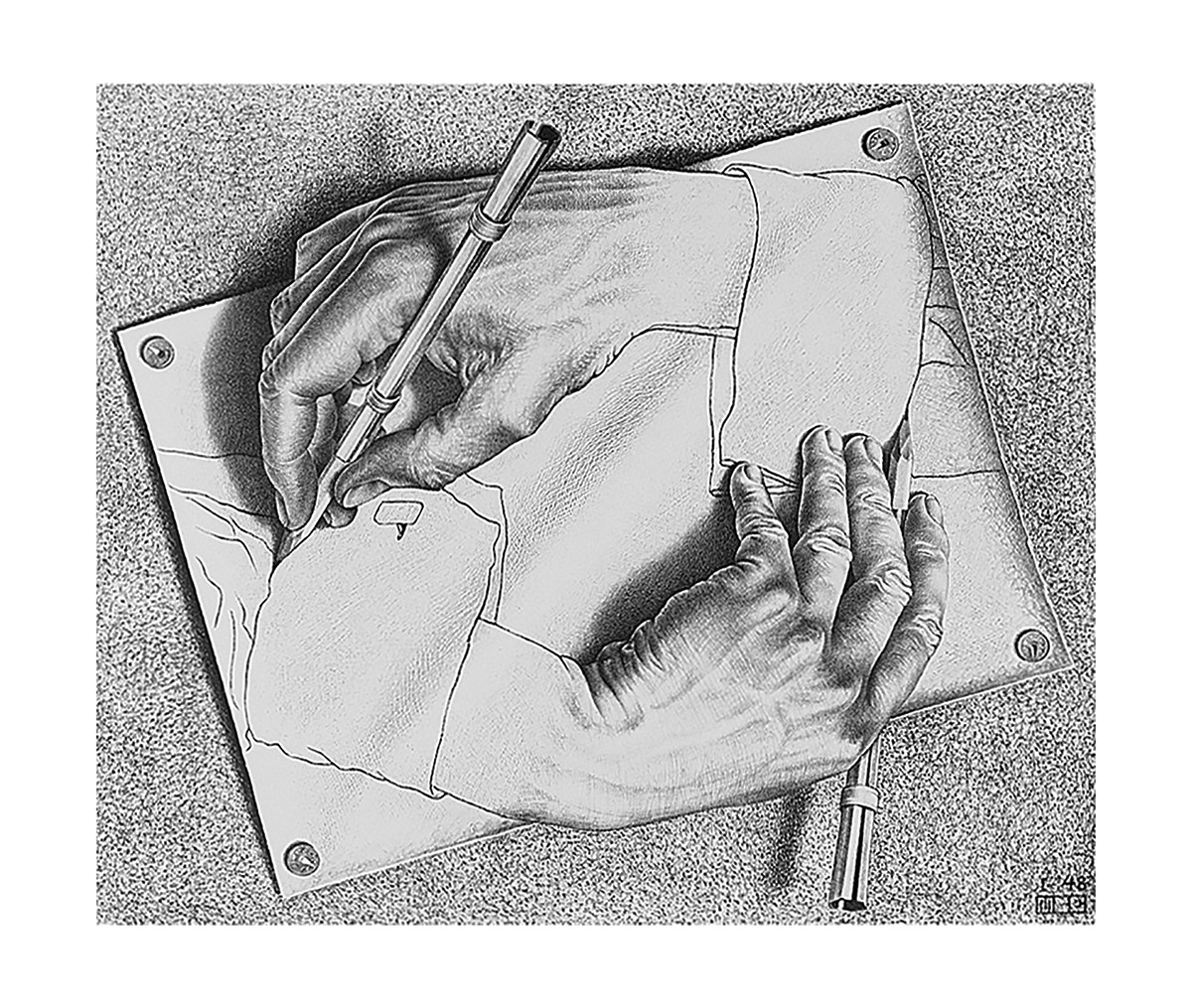M. C. Escher, Zeichnen (Hände, Stifte, sich selbst malende Hände, Irritation,  Zeitgenössischer Surrealismus, Treppenhaus, Wohnzimmer, schwarz/weiß)