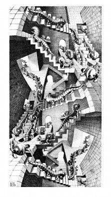 M. C. Escher, Treppenhaus (Treppen, Gebäude, Perspektiven, Irritation, Irrgänge, Zeitgenössischer Surrealismus, Treppenhaus, Wohnzimmer, schwarz/weiß)