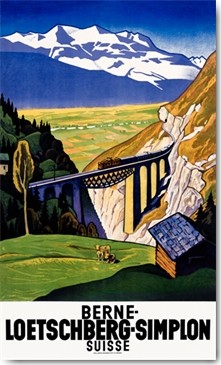 Eugen Henziross, Berne-Loetschberg-Simplon (Wunschgröße, Plakatkunst, Landschaft, Tourismus, Schweiz, Eisenbahn, Eisenbahnbrücke, Berge, Alpen, Hütte, Wohnzimmer, Reisebüro, bunt)