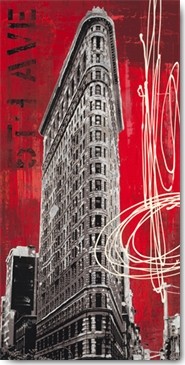 Evangeline Tayler, 5th Avenue Icon (Wunschgröße, Fotokunst, Architektur, Flatiron Building, Bügeleisengebäude, Krakelee, New York, USA, modern, Jugendzimmer, Wohnzimmer, rot, grau)