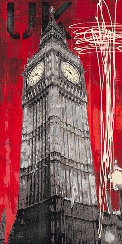 Evangeline Tayler, On British Time (Wunschgröße, Fotokunst, London, Großbritannien,, Big Ben, Uhrturm, Wahrzeichen, Symbol, Architektur, Krakelee,  modern, Jugendzimmer, Wohnzimmer, rot, grau)